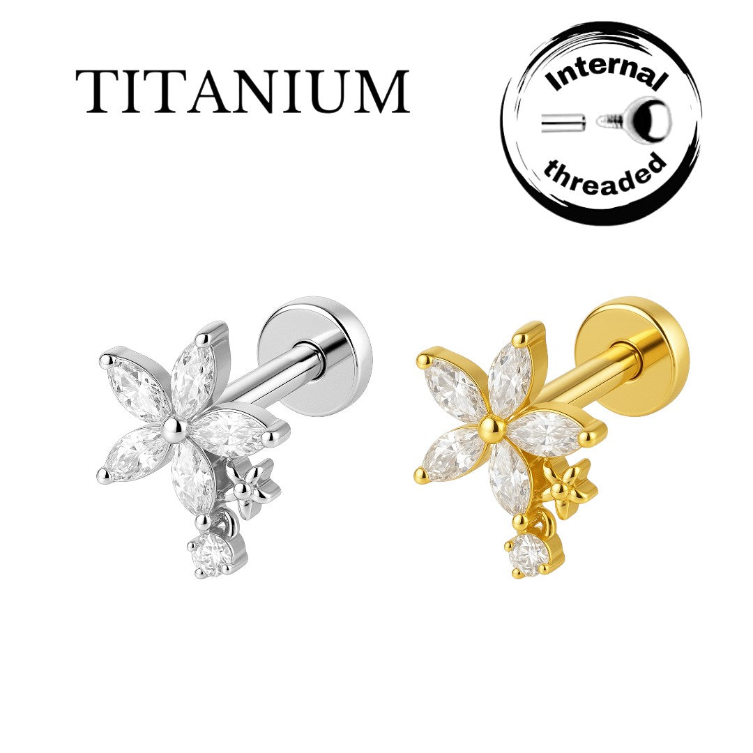 Implant Grade ASTM F136 Titanium Internaly Threaded CZ Flowered Labret