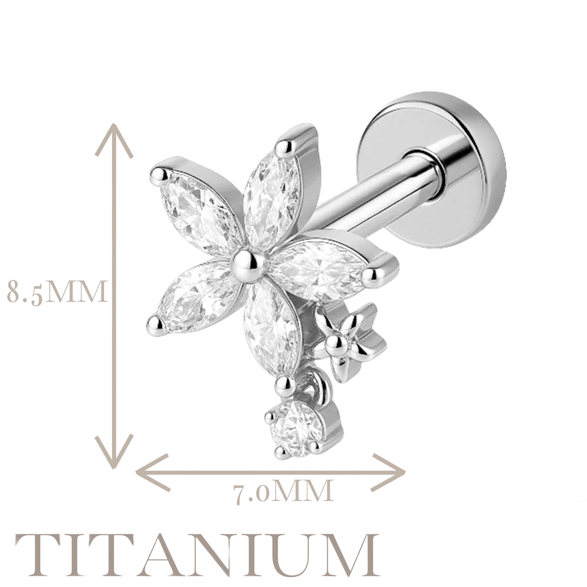 Implant Grade ASTM F136 Titanium Internaly Threaded CZ Flowered Labret