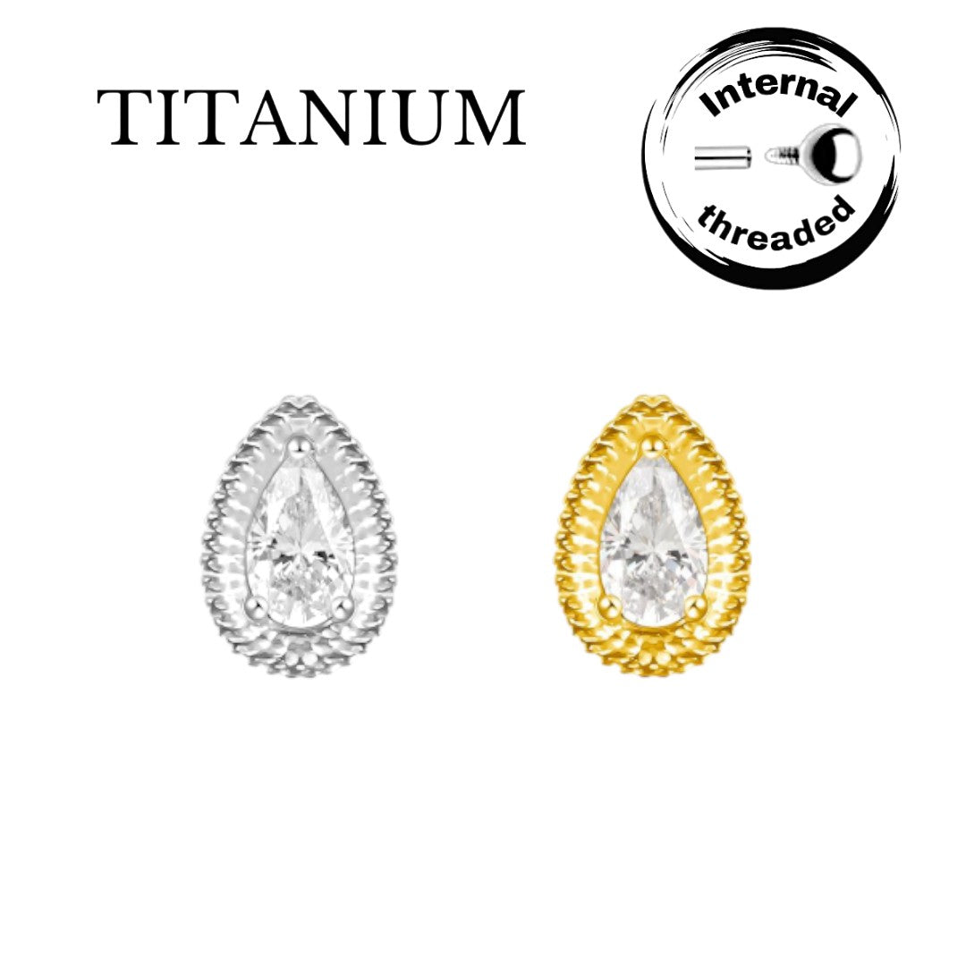 Implant Grade ASTM F136 Titanium Internaly Threaded Pear CZ And Crimped Edge Labret