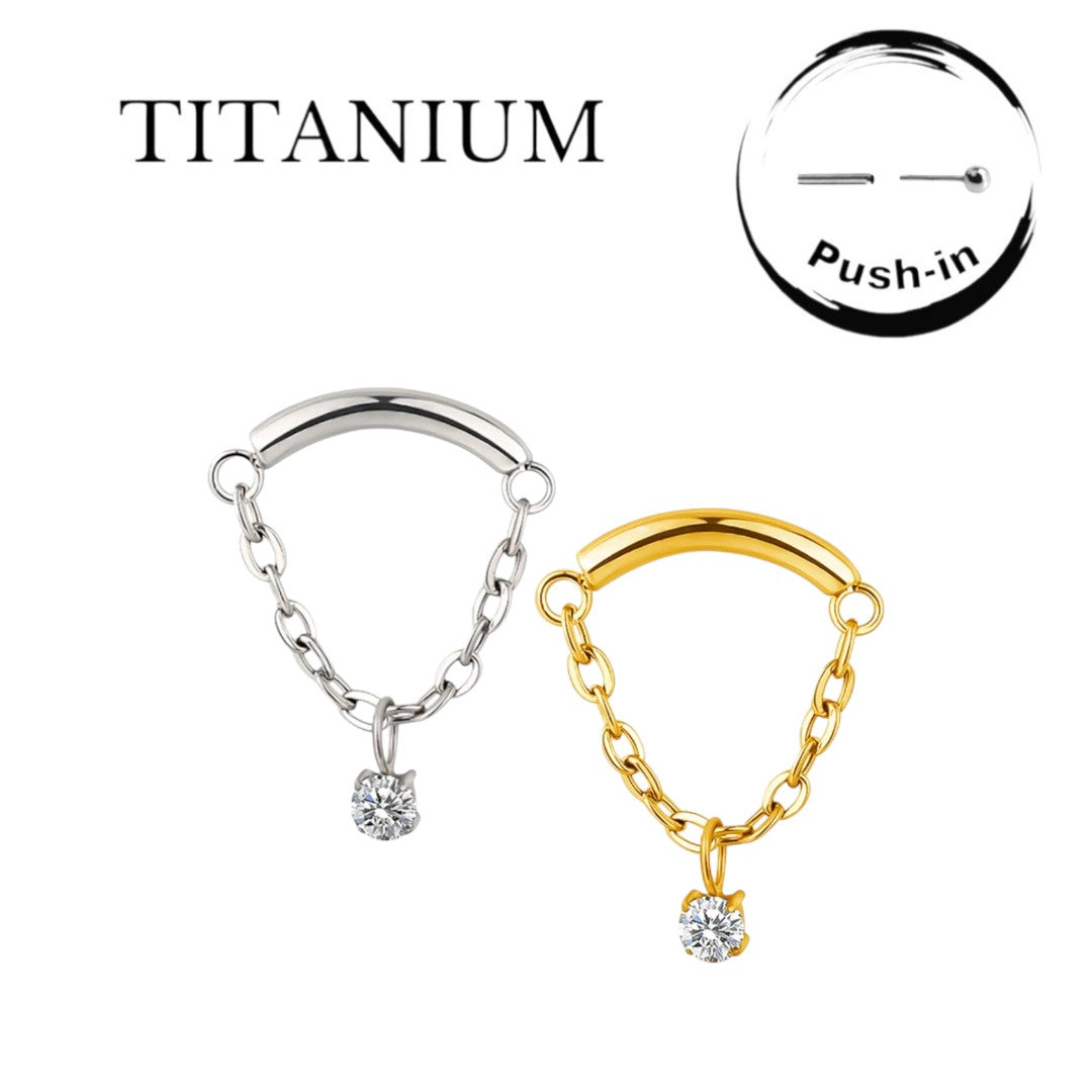 Implant Grade ASTM F136 Titanium Chain Hangs Curved Bar With CZ Center Labret Push In