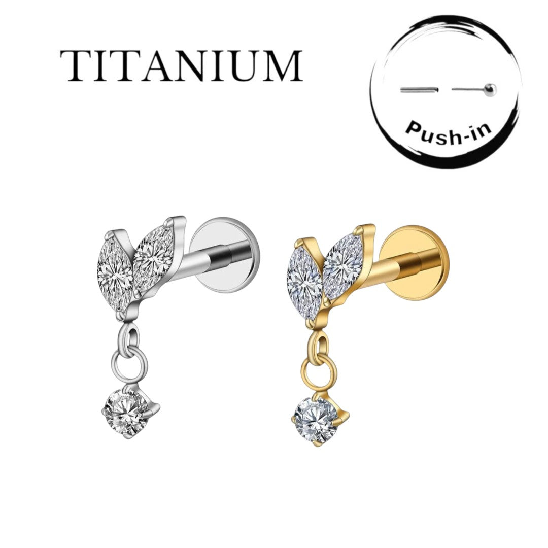 Implant Grade ASTM F136 Titanium  2 Marquise CZ With CZ Dangle Labret Push In