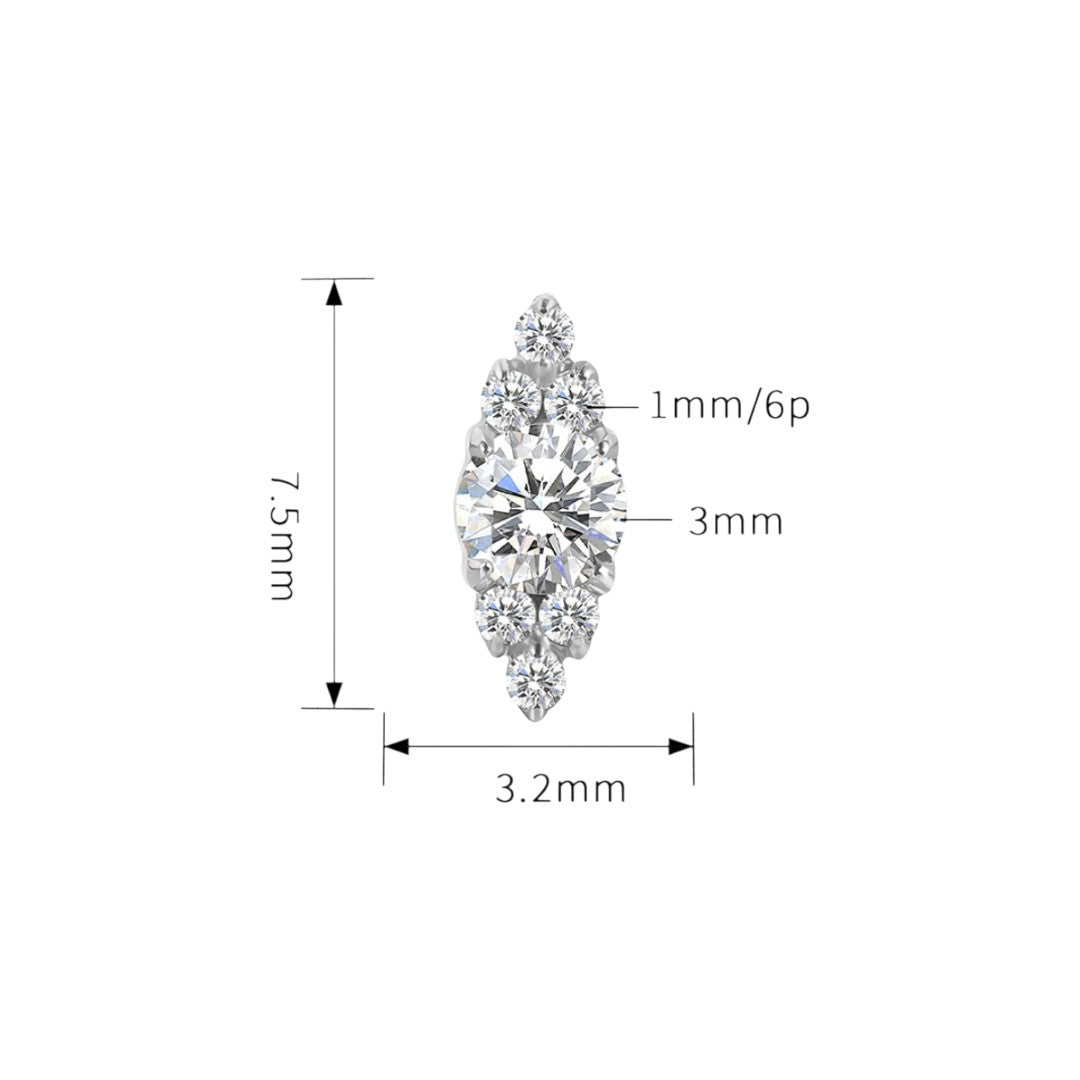 Implant Grade ASTM F136 Titanium 3 Stones One Big Middle Stone Labret Push In