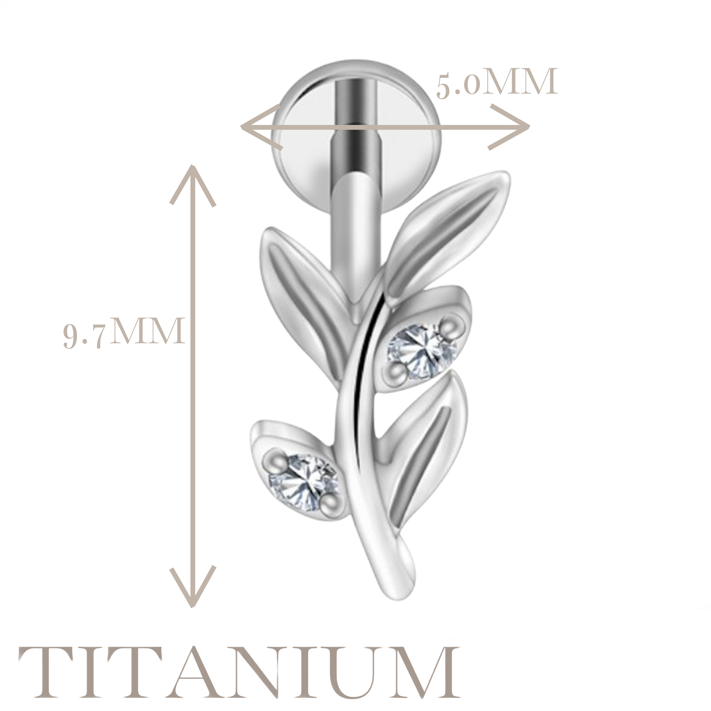 Implant Grade ASTM F136 Titanium Leaf 2 Stones Internaly Threaded Labret