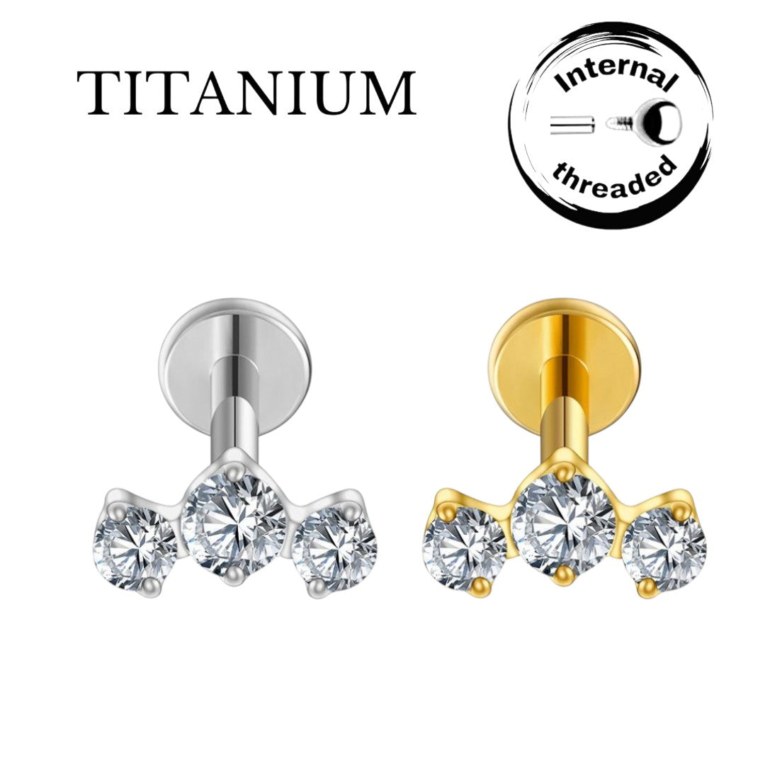 Implant Grade ASTM F136 Titanium Internaly Threaded Triple CZ Cluster Cartilage Labret