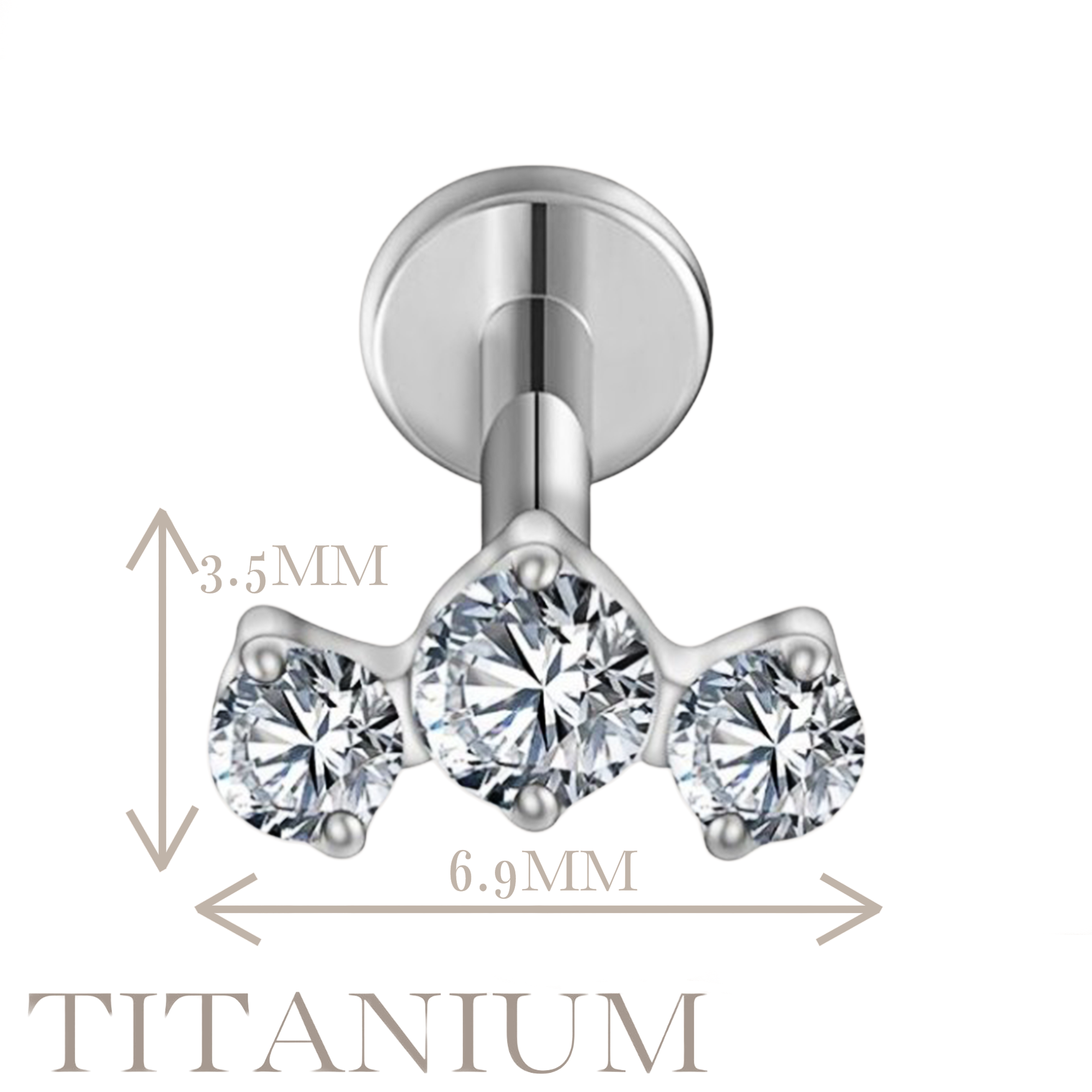 Implant Grade ASTM F136 Titanium Internaly Threaded Triple CZ Cluster Cartilage Labret