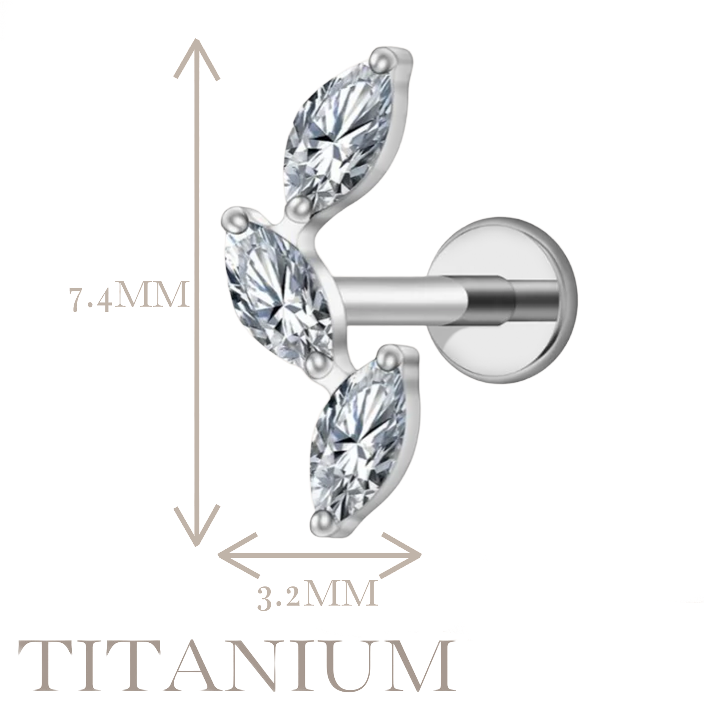 Implant Grade ASTM F136 Titanium Internaly Threaded Triple Marquise CZ Labret