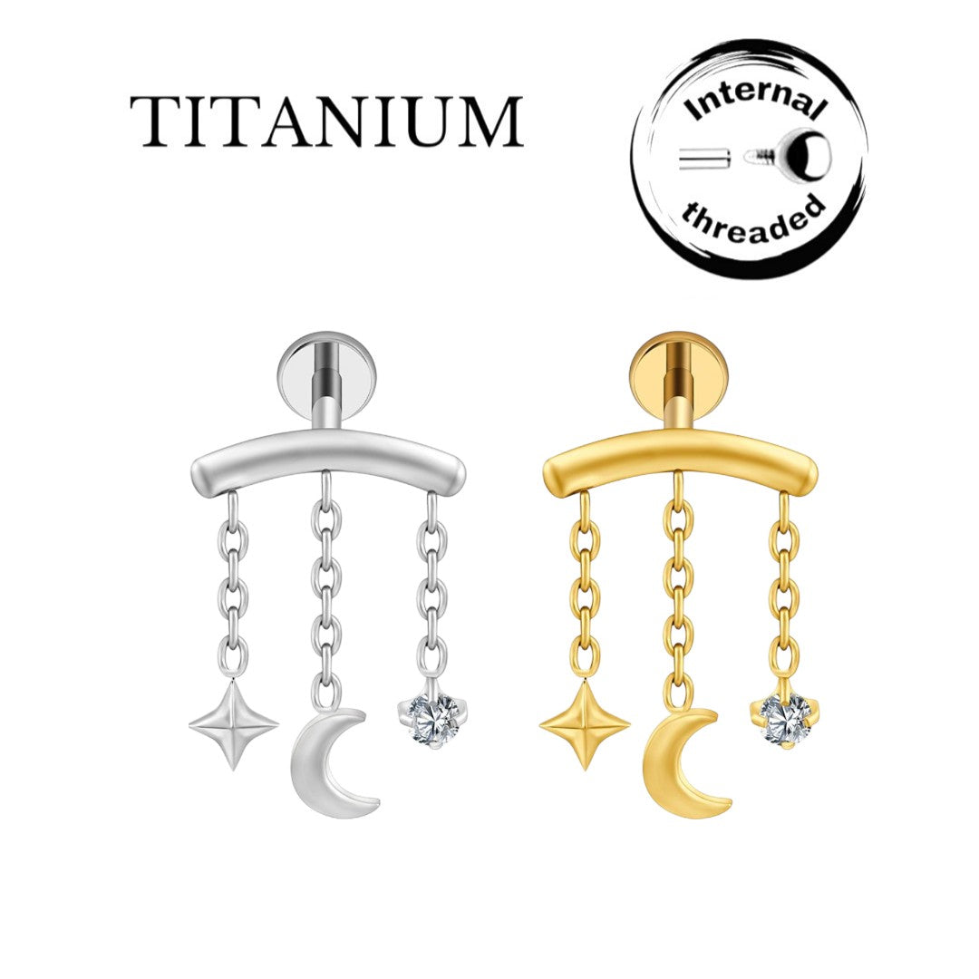 Implant Grade ASTM F136 Titanium Labret Hidden Helix Dangle Moon Star Internally