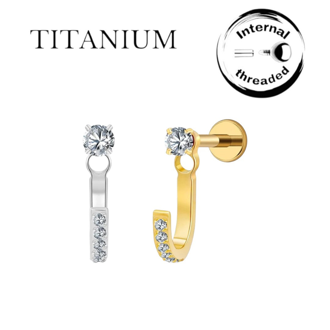 "Implant Grade ASTM F136 Titanium Labret CZ with J shaped Jacket Accessory Internaly Threaded "