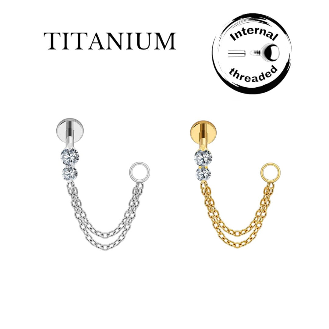 Implant Grade ASTM F136 Titanium Labret 2 Stones with 2 Chains