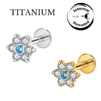 Implant Grade ASTM F136 Titanium Labret Flower Stone Middle Blue