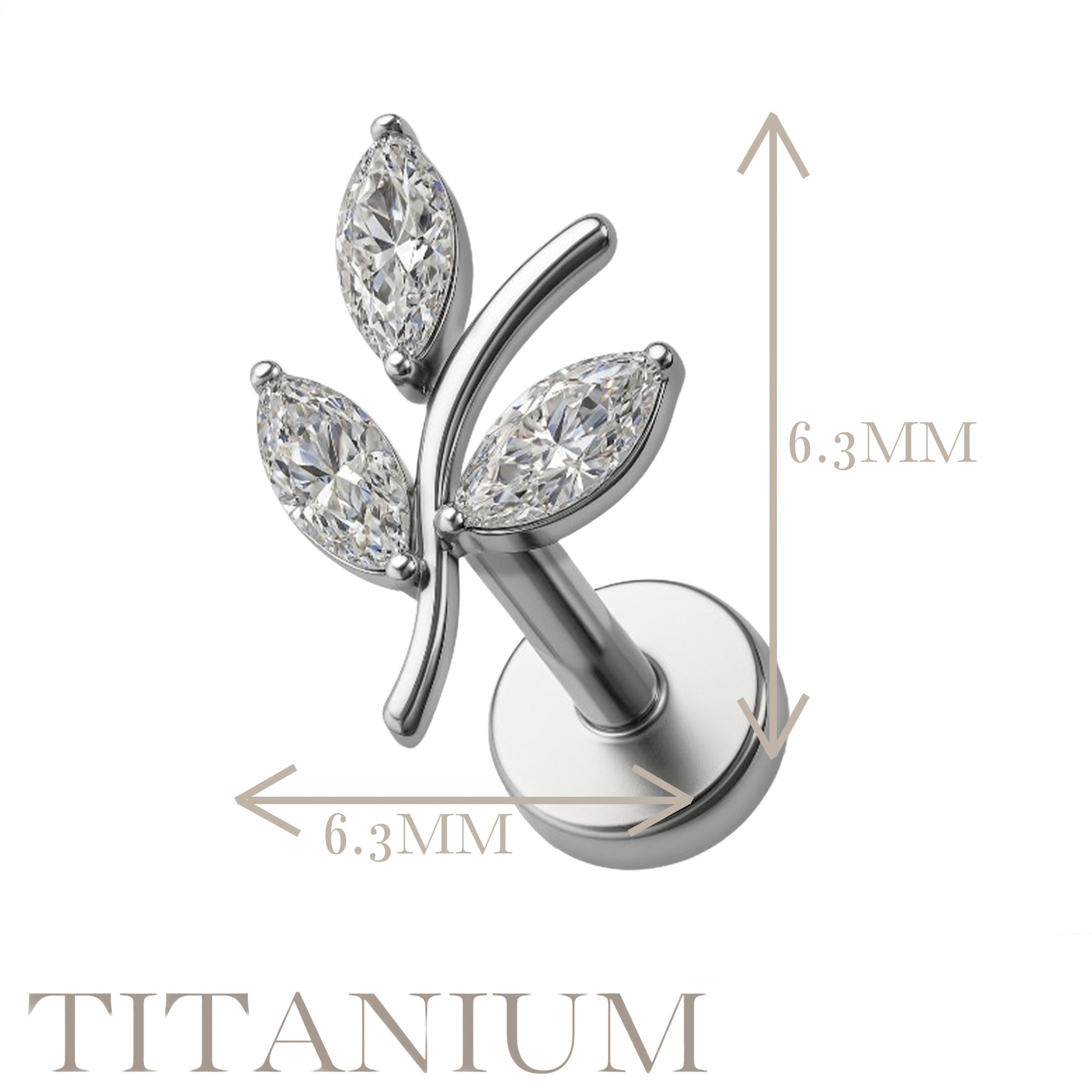 Implant Grade ASTM F136 Titanium 3 CZ Leaf Internaly Threaded Labret