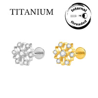 Implant Grade ASTM F136 Titanium Internaly Threaded Flower Round CZ Labret