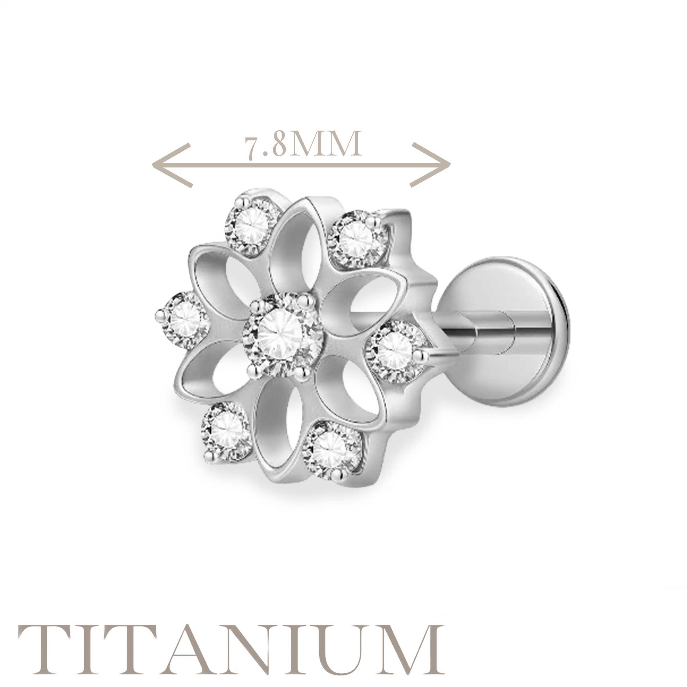 Implant Grade ASTM F136 Titanium Internaly Threaded Flower Round CZ Labret