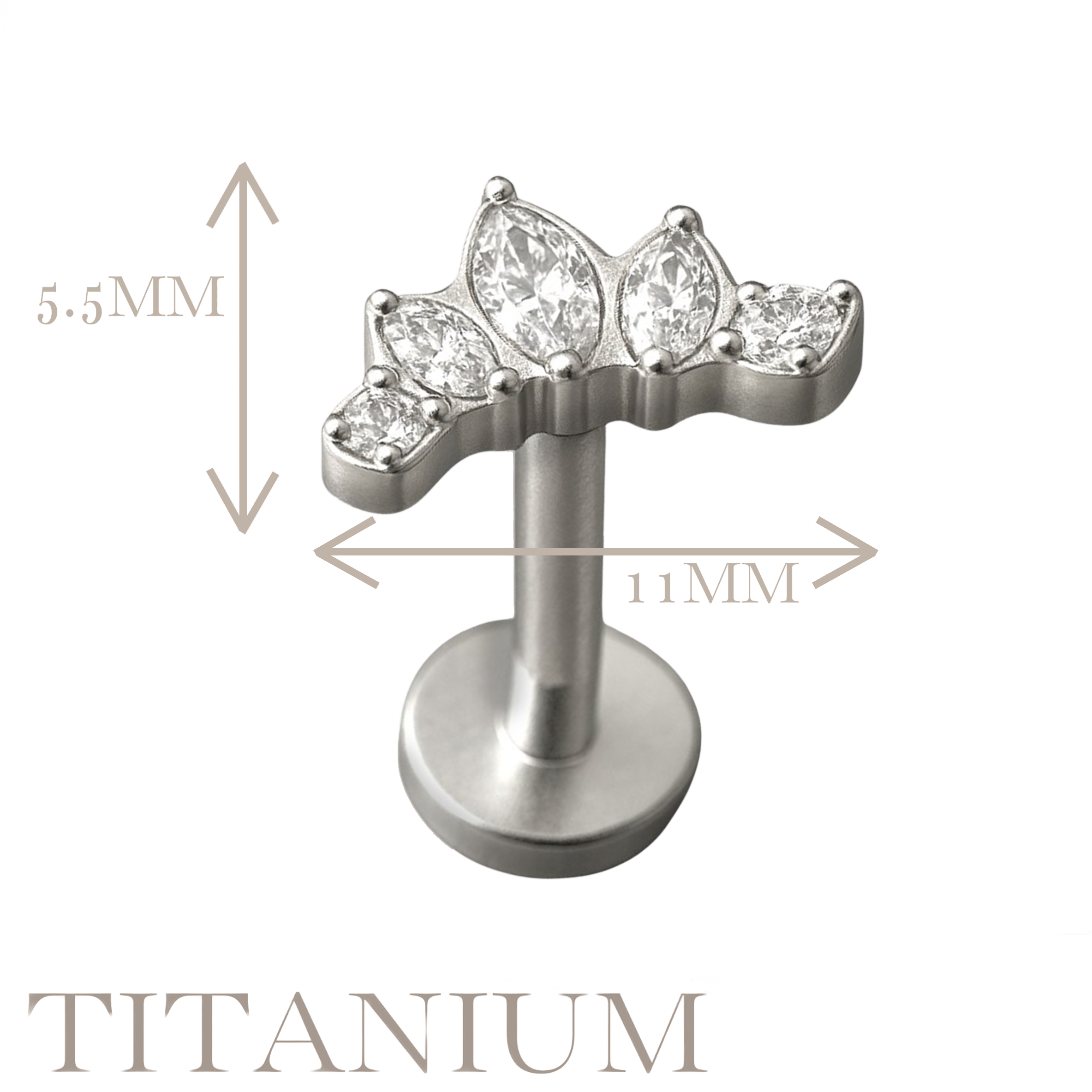 Implant Grade ASTM F136 Titanium 3 CZ Marquise 2 CZ Round Internaly Threaded Labret