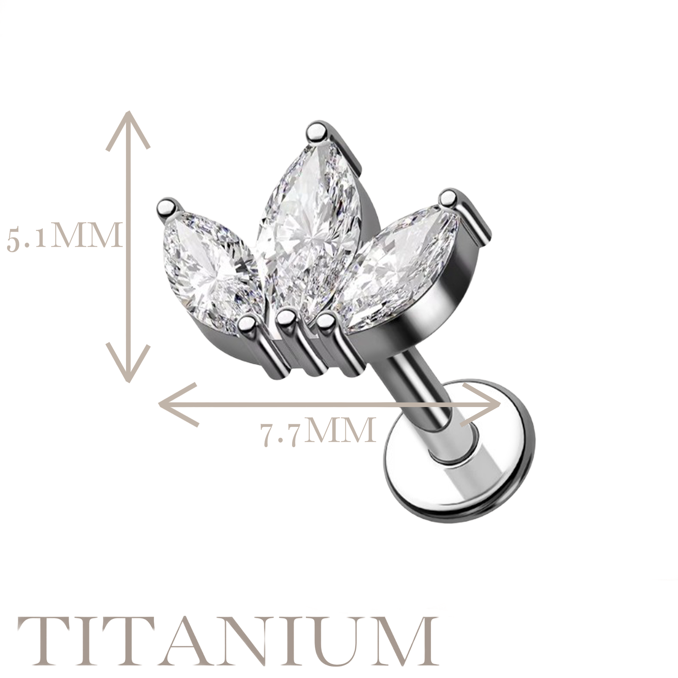 Implant Grade ASTM F136 Titanium 3 CZ Marquise W Internaly Threaded Labret