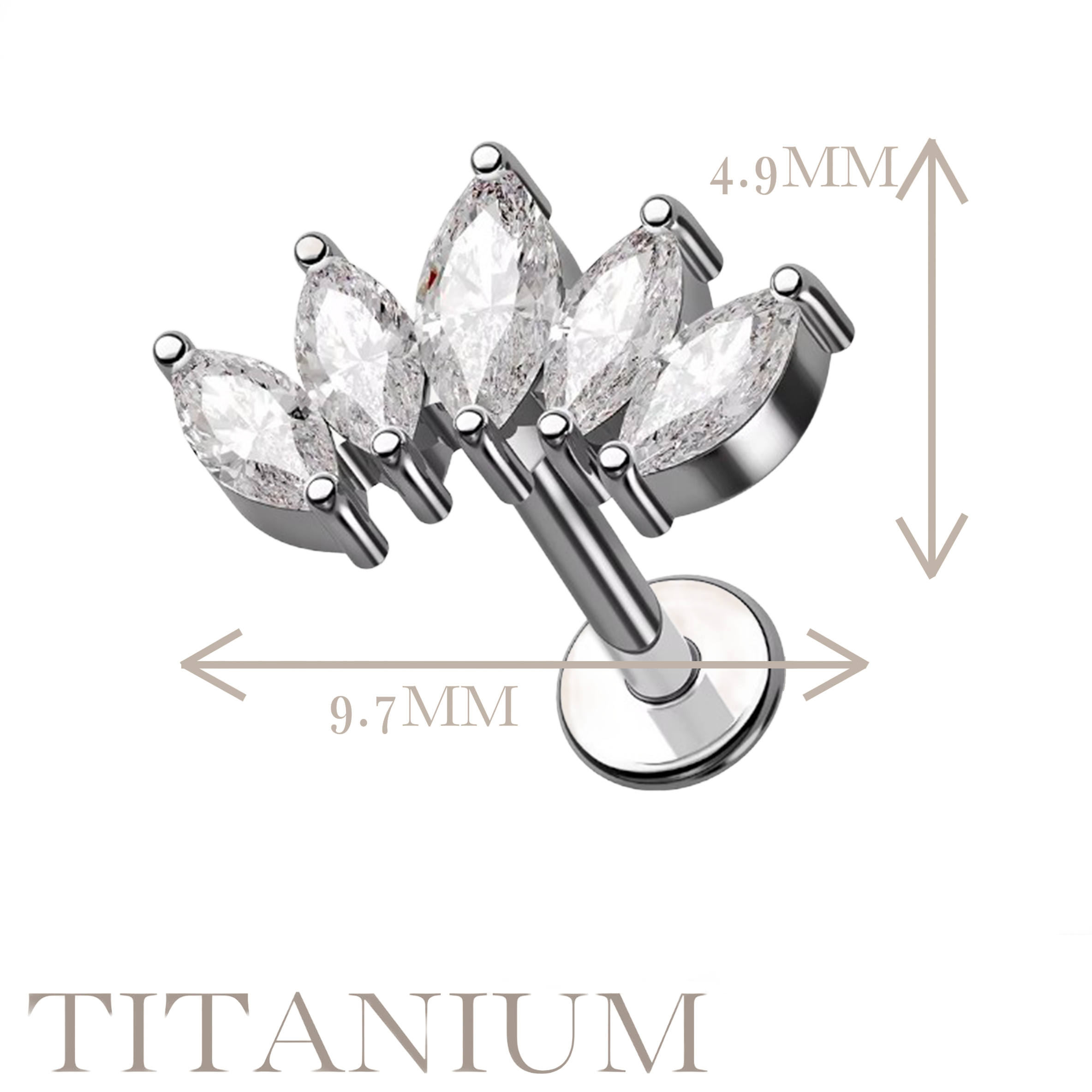 Implant Grade ASTM F136 Titanium 5 CZ Marquise Crown Internaly Threaded Labret