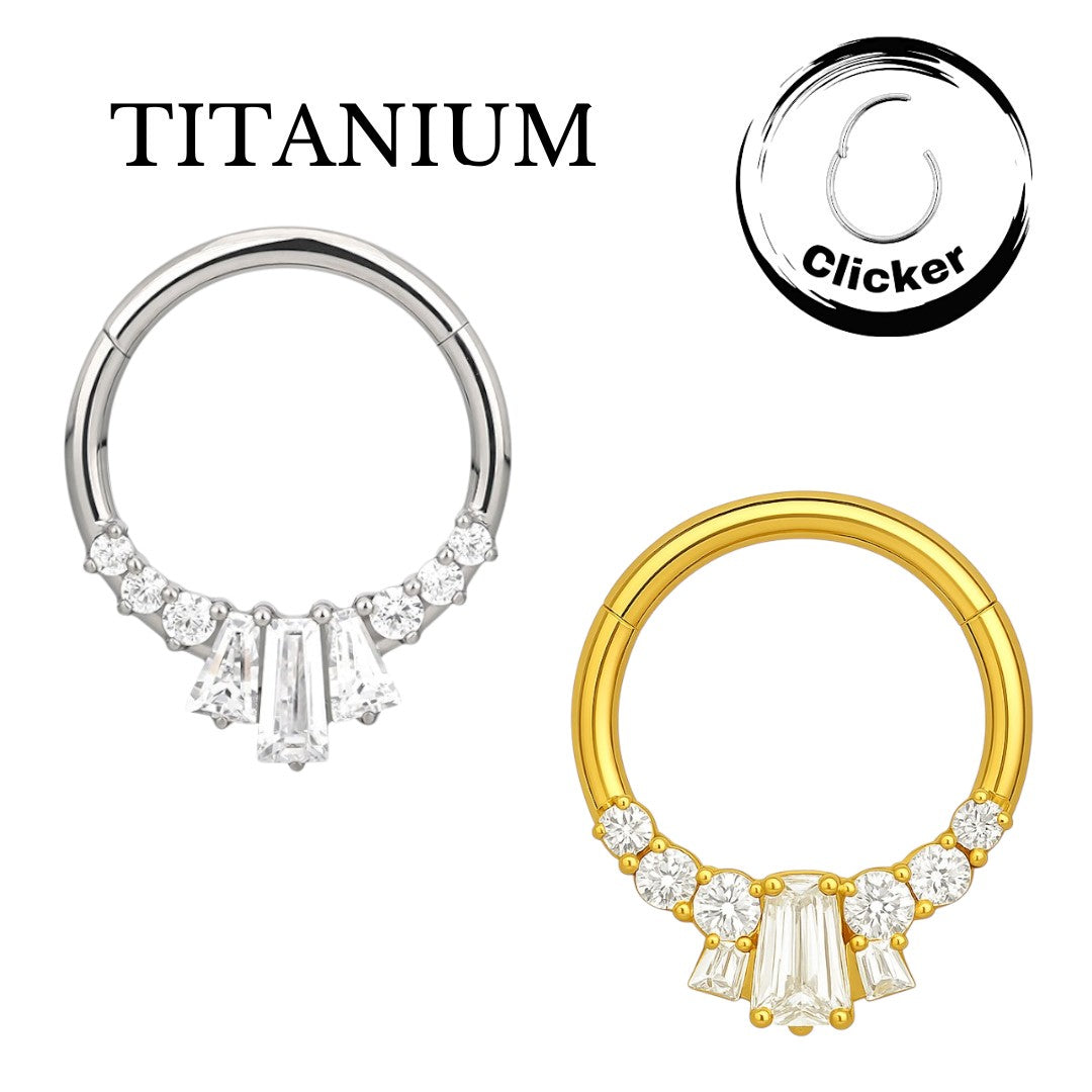 Implant Grade ASTM F136 Titanium 3 Baguette CZ Fan And 6 Round CZ Segment Clicker
