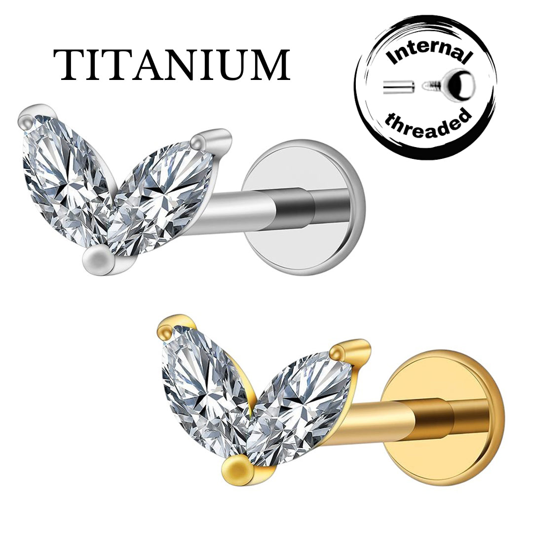 Implant Grade ASTM F136 Titanium 2 CZ Marquise V Internaly Threaded Labret