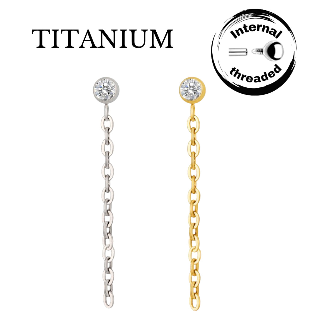 Implant Grade ASTM F136 Titanium Bezel CZ With Chain Dangle Internaly Threaded Labret