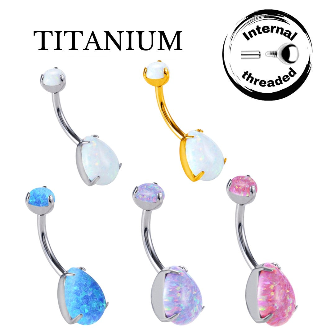 Implant Grade ASTM F136 Titanium Drop Opal Stone Belly Button Internaly Treaded