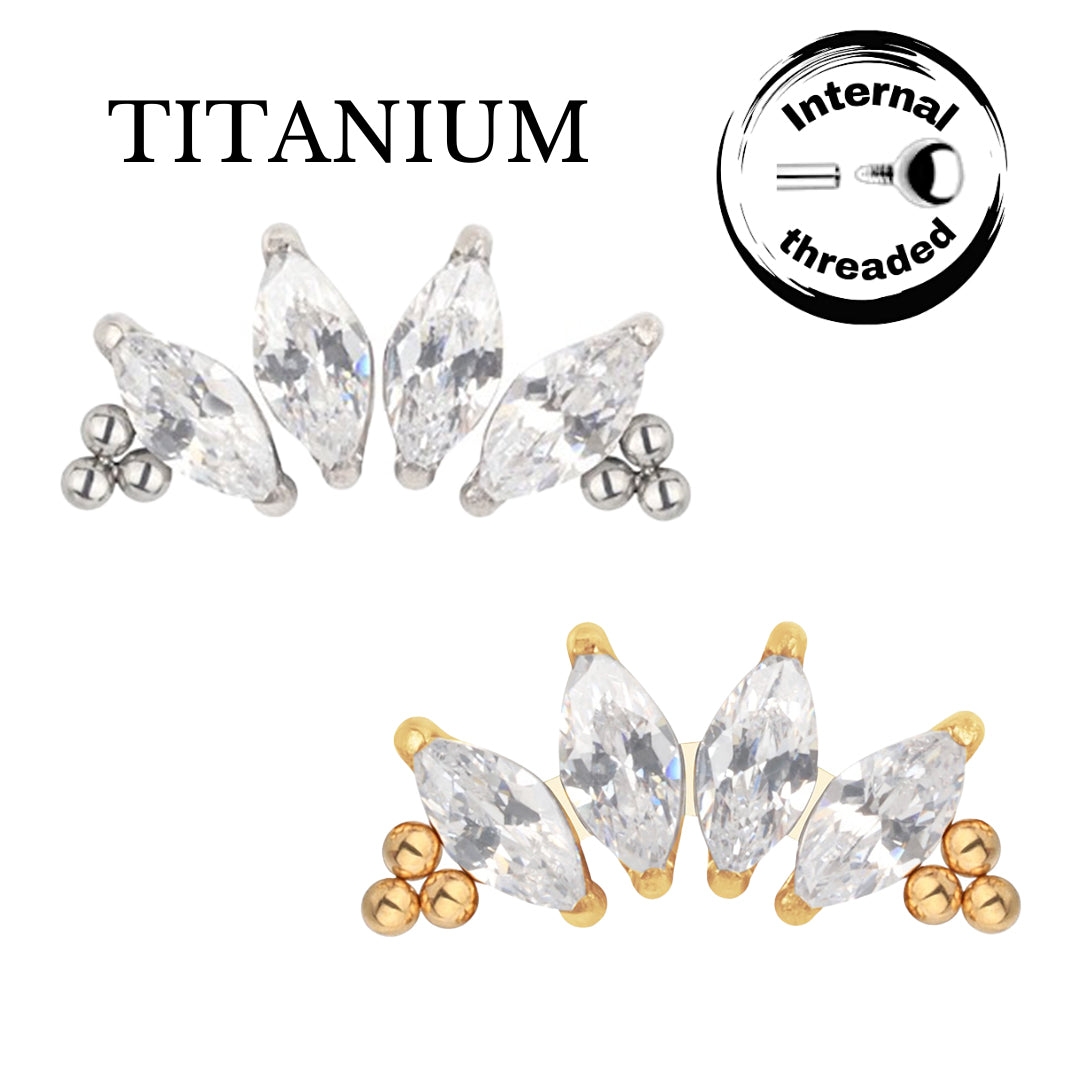 Implant Grade ASTM F136 Titanium 4 Prong Set Marquise CZ With Tri-Beard Balls Internaly Threaded Labret