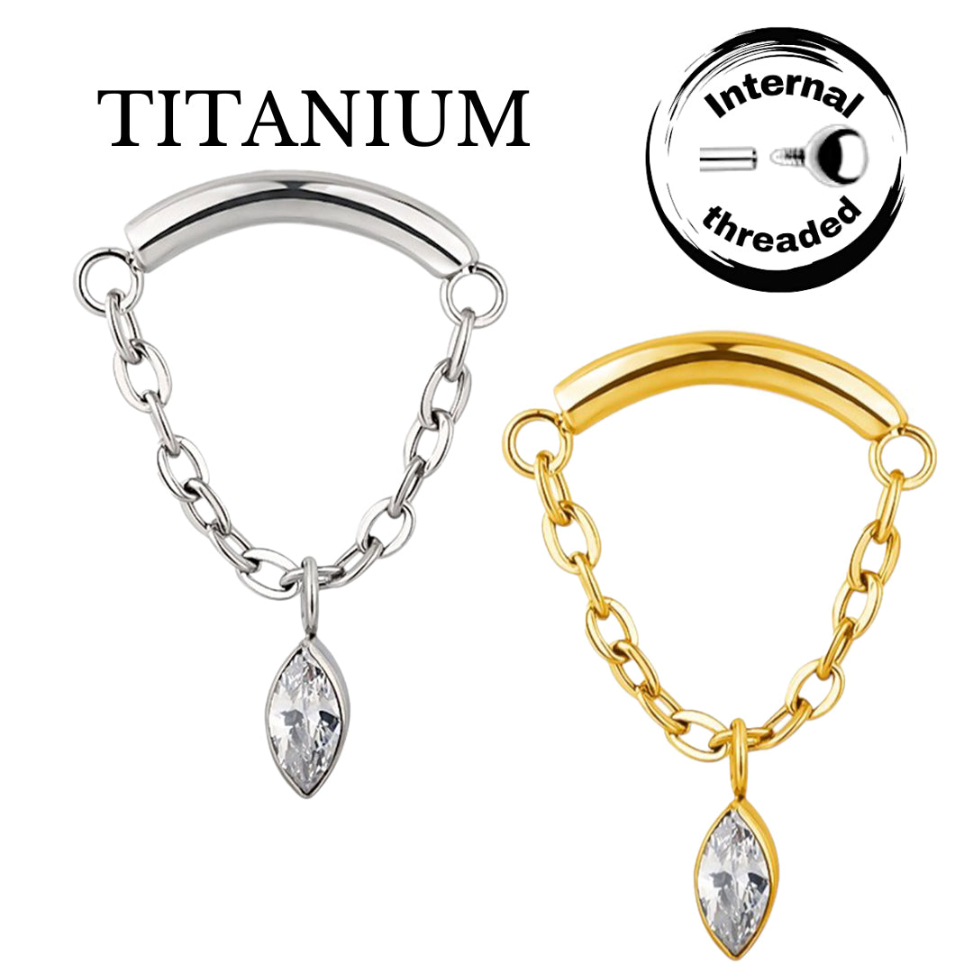 Implant Grade ASTM F136 Titanium Chain Hangs Curved Bar Pear CZ Internaly Threaded Labret