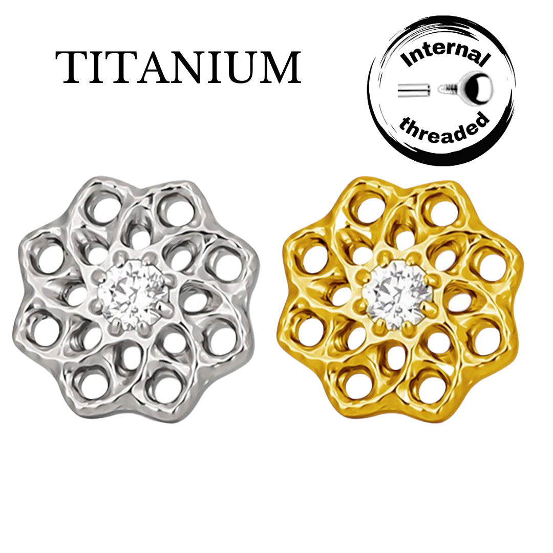Implant Grade ASTM F136 Titanium Hollow Floral With CZ Internaly Threaded Labret