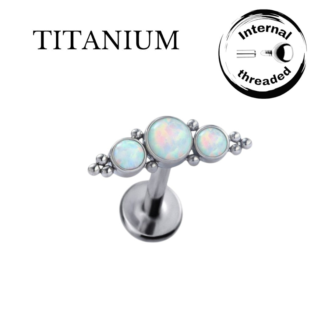 Implant Grade ASTM F136 Titanium 2 Tri-Beat Cluster With 3 Opal Stone Internaly Threaded Labret
