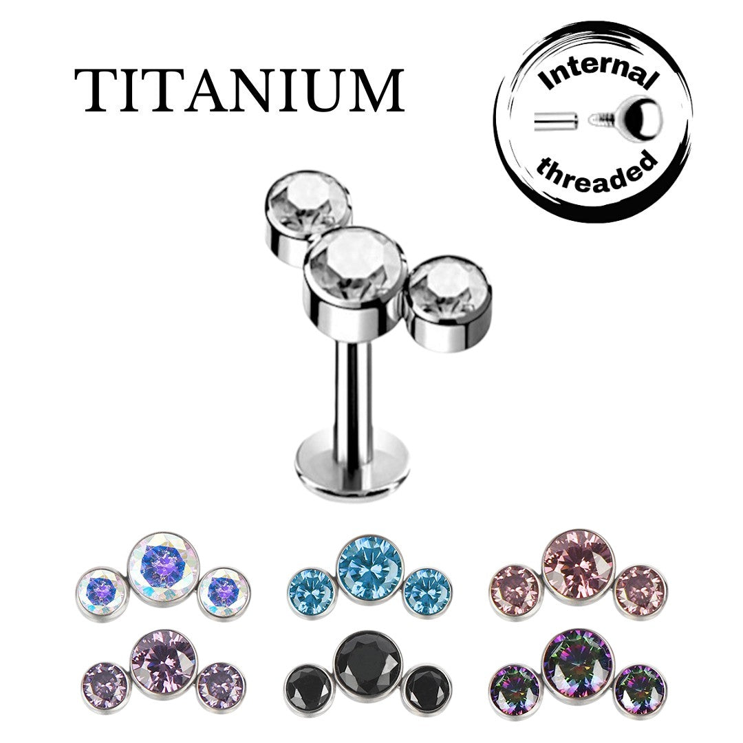 Implant Grade ASTM F136 Titanium Bezet Set 3 CZ Stone Cluster Internaly Threaded Labret