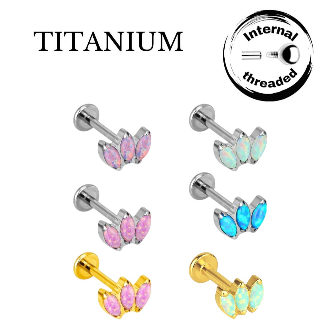 Implant Grade ASTM F136 Titanium 3 Marquise Opal Stone Blaze Set Fan Internaly Threaded Labret
