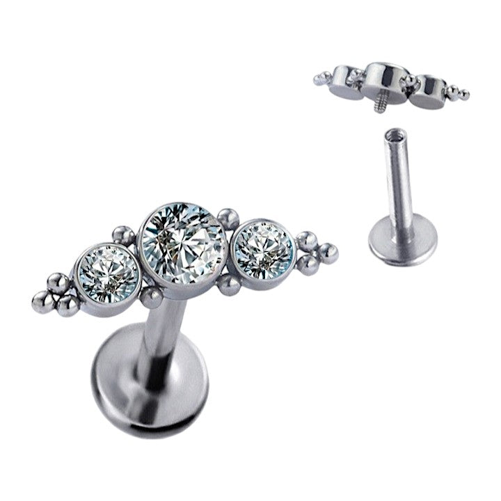 Implant Grade ASTM F136 Titanium 2 Tri-Beat Cluster With 3 CZ Stone Internaly Threaded Labret