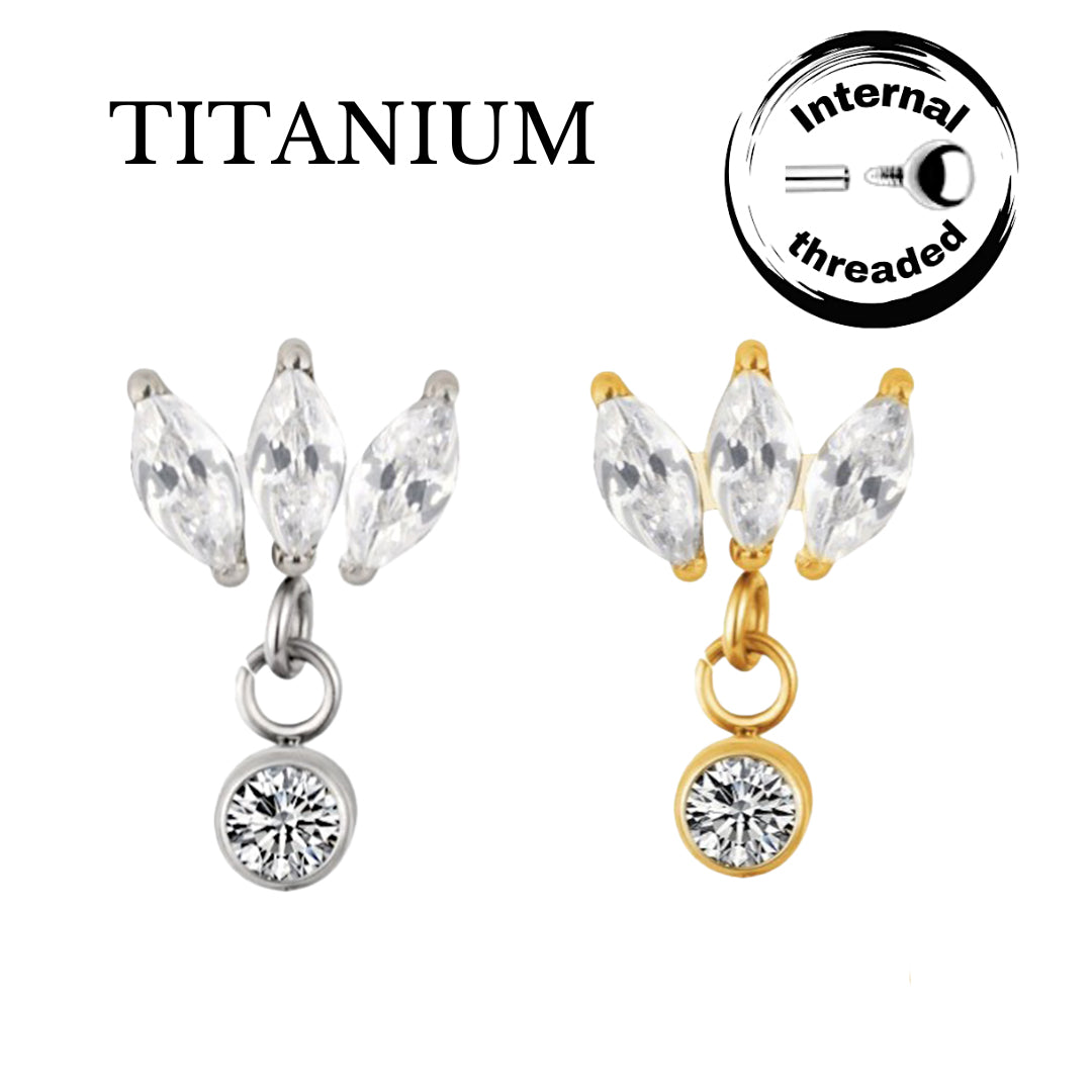 Implant Grade ASTM F136 Titanium 3 Marquise CZ With Bezel Set CZ Dangle Internaly Threaded Labret