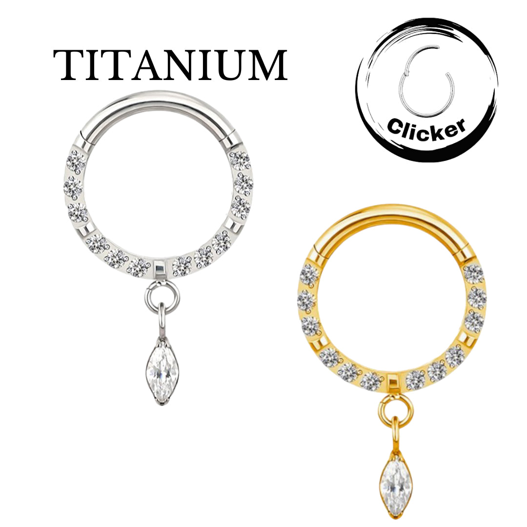 Implant Grade ASTM F136 Titanium CZ Paved Face With Marquise CZ Dangle Segment Clicker