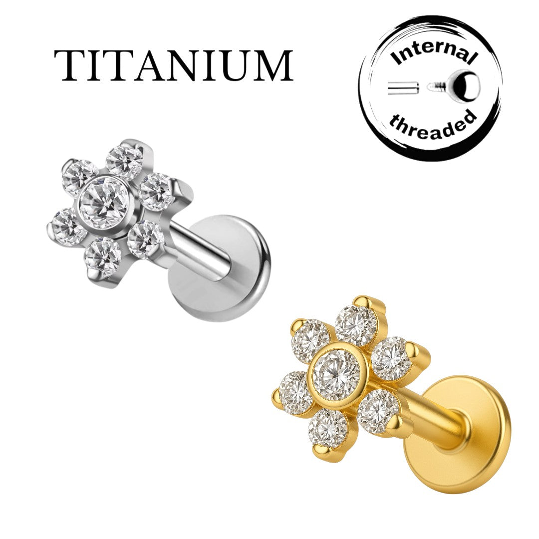 Implant Grade ASTM F136 Titanium Stone Flower Leaf Internaly Threaded Labret