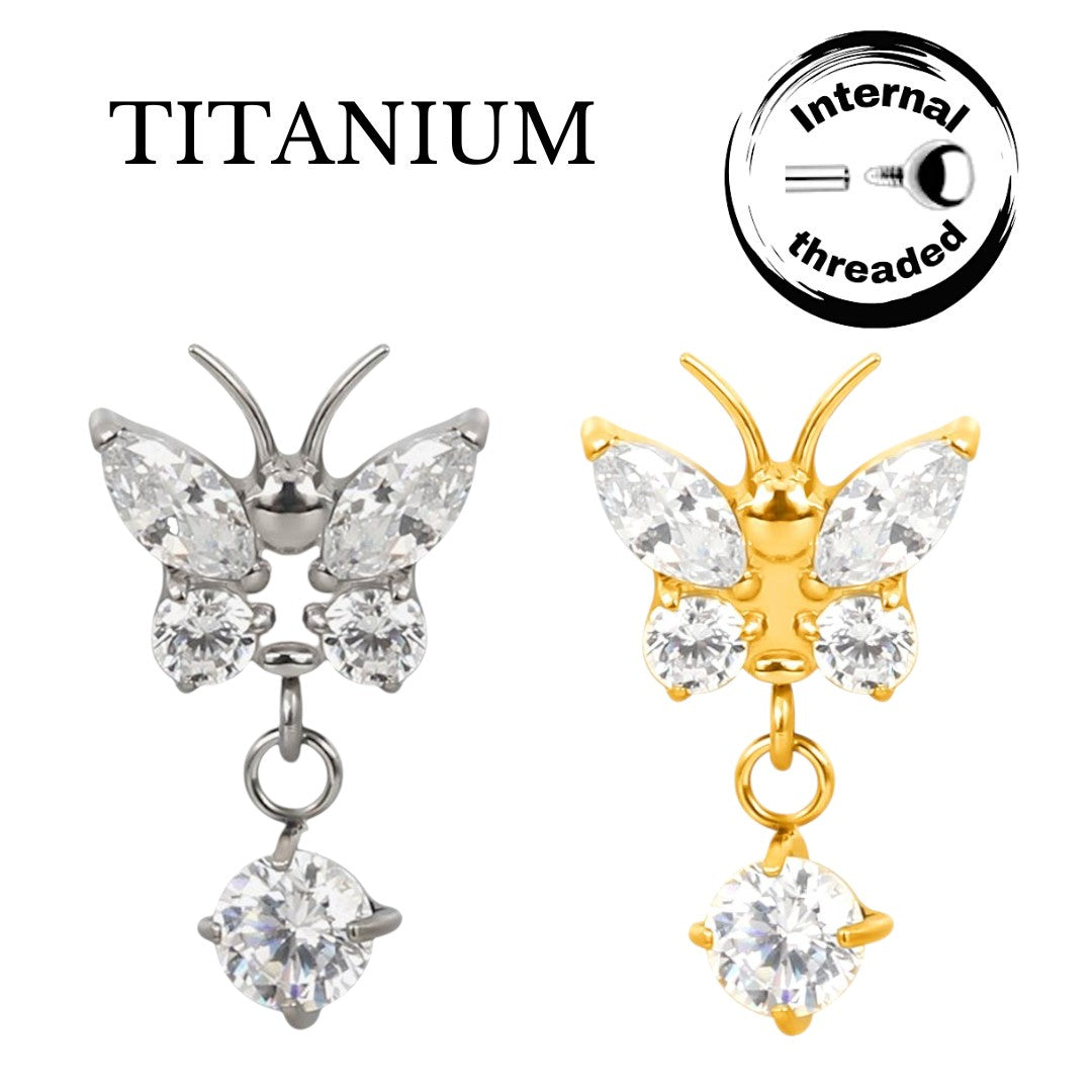 Implant Grade ASTM F136 Titanium Butterfly With Pong Set CZ Dangle Internaly Threaded Labret