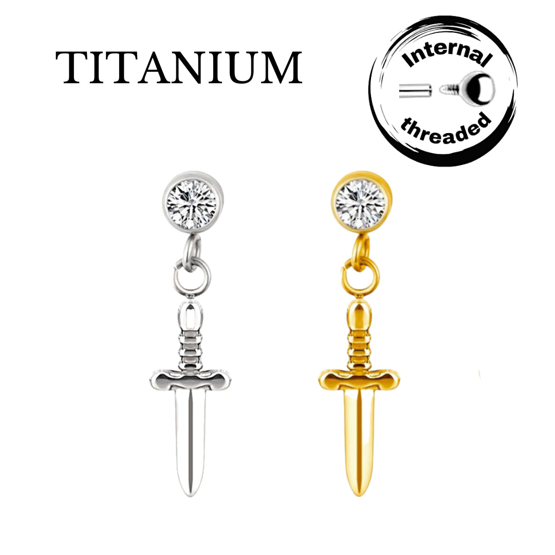 Implant Grade ASTM F136 Titanium Bezel Set CZ With Dangle Sword Internaly Threaded Labret