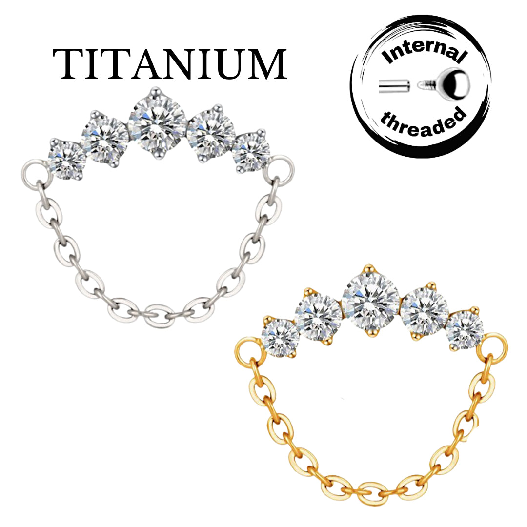 Implant Grade ASTM F136 Titanium 5 CZ Round With Chain Internaly Threaded Labret