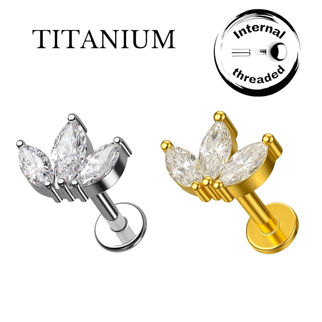 Implant Grade ASTM F136 Titanium 3 CZ Marquise W Internaly Threaded Labret
