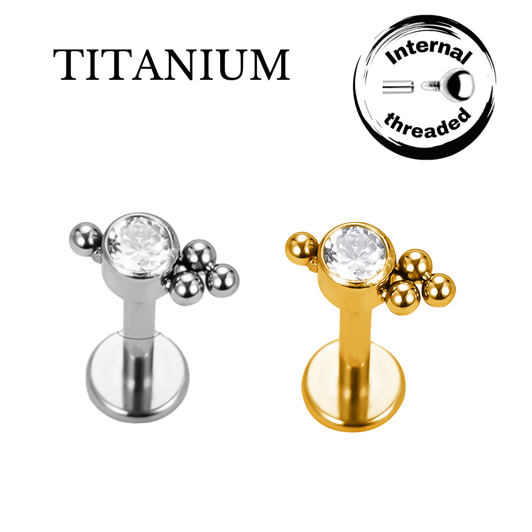 Implant Grade ASTM F136 Titanium CZ With 3 Balls Cluster And 1 Ball On Top Internaly Threaded Labret
