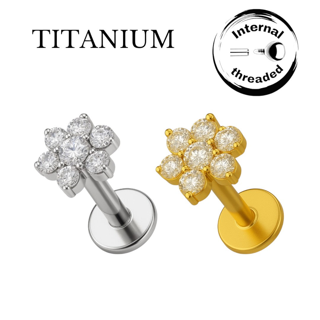 Implant Grade ASTM F136 Titanium Small CZ Flower Internaly Threaded Labret