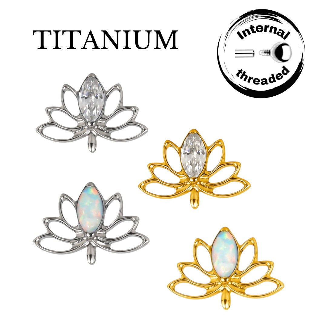 Implant Grade ASTM F136 Titanium Hollow Lotus Flower With Marquise CZ Internaly Threaded Labret
