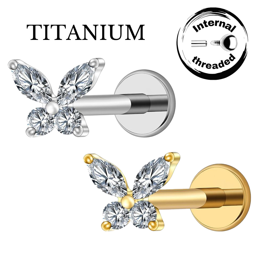 Implant Grade ASTM F136 Titanium Butterfly 4 Stones Top Internaly Threaded Labret