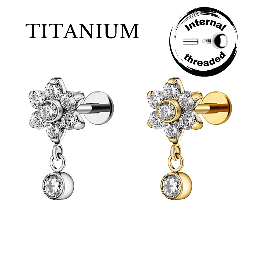 Implant Grade ASTM F136 Titanium Flower Pendant Stone Internaly Threaded Labret
