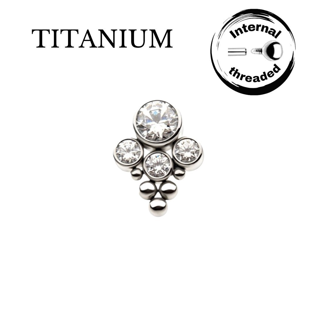 Implant Grade ASTM F136 Titanium 4 CZ Blaze With Tri-bead Cluster Internaly Threaded Labret