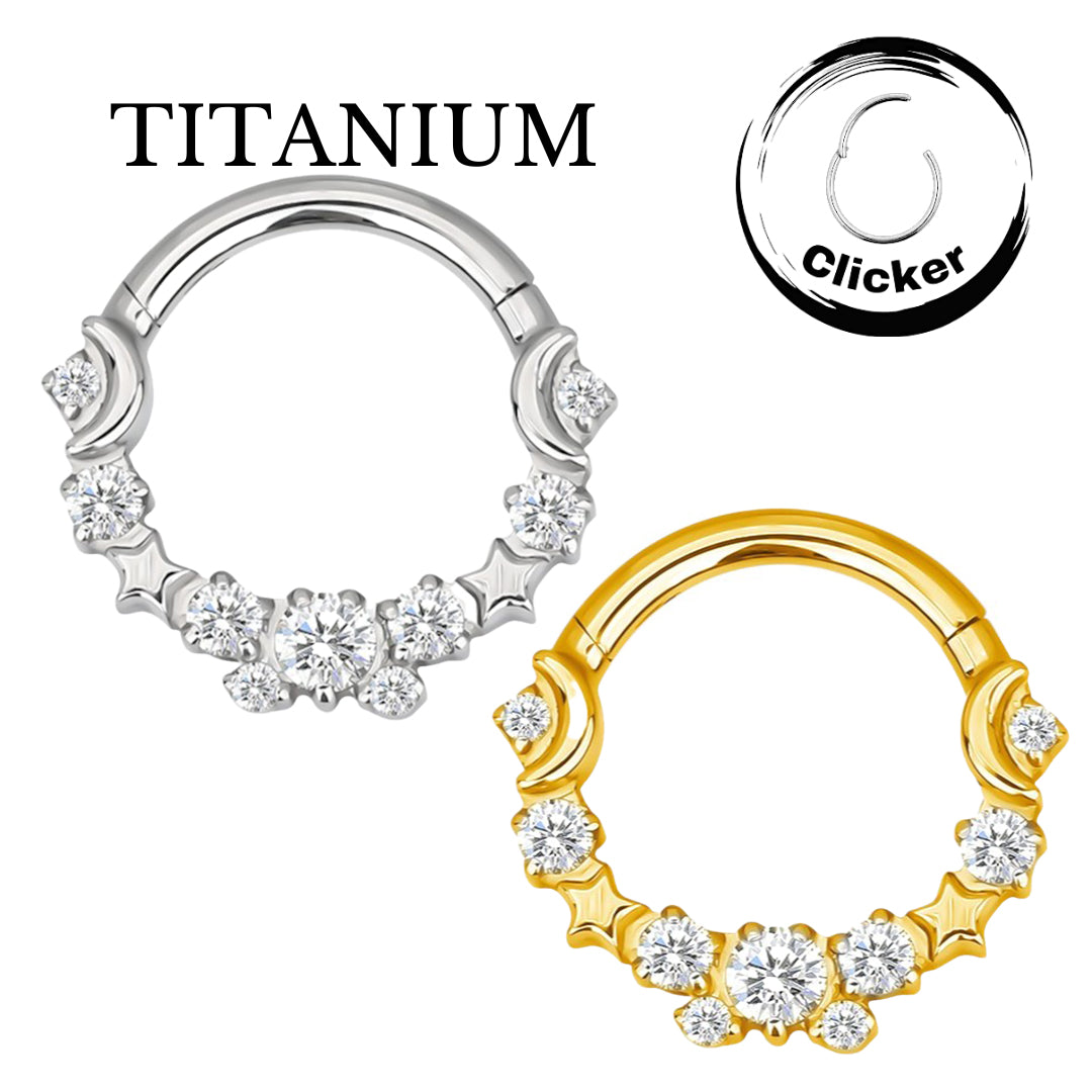 Implant Grade Titanium ASTM F136 Front Facing CZ With Star and Moon Segment Clicker