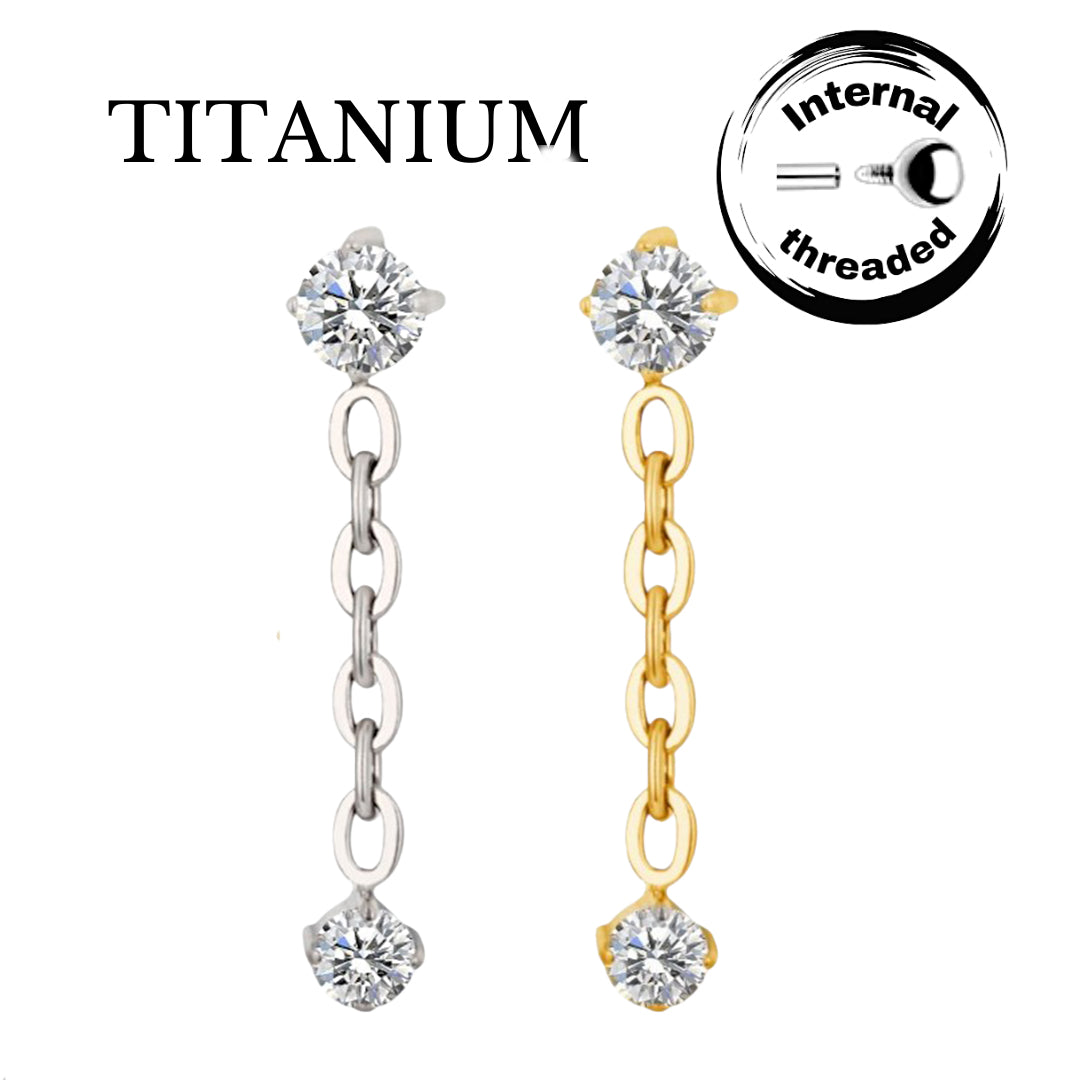 Implant Grade ASTM F136 Titanium Bezel CZ With Chain Dangle CZ Internaly Threaded Labret