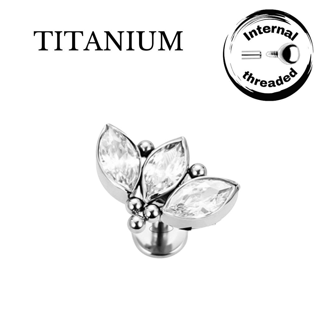 Implant Grade ASTM F136 Titanium Marquise CZ With 3 Balls Cluster Internaly Threaded Labret