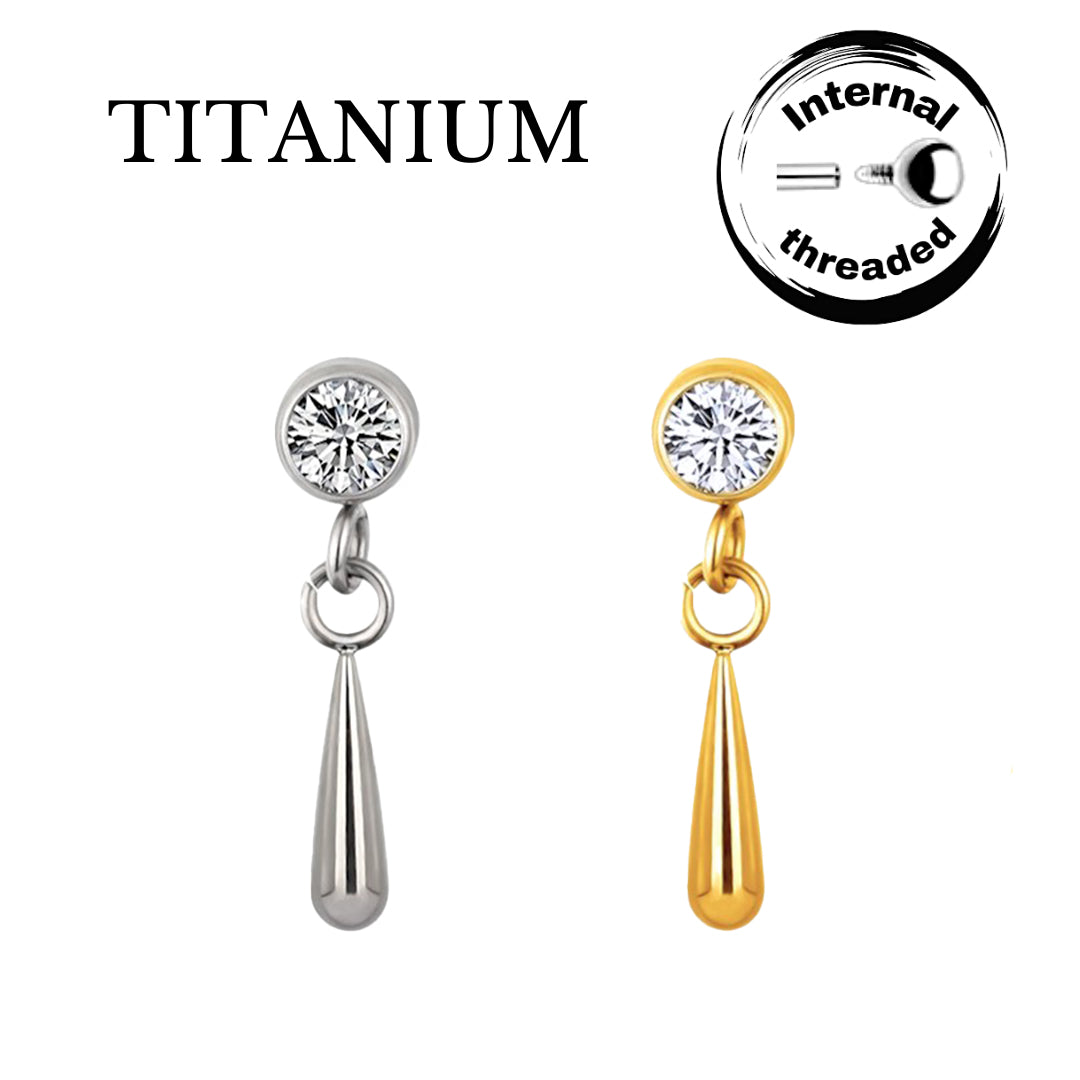 Implant Grade ASTM F136 Titanium Bezel CZ Tear Drop Dangle Internaly Threaded Labret