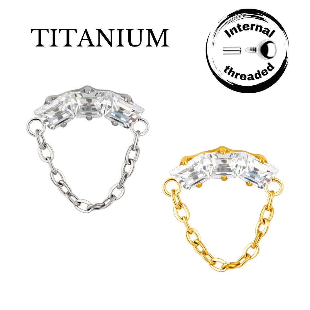 Implant Grade ASTM F136 Titanium 3 Baguette CZ Fan Chain Internaly Threaded Labret