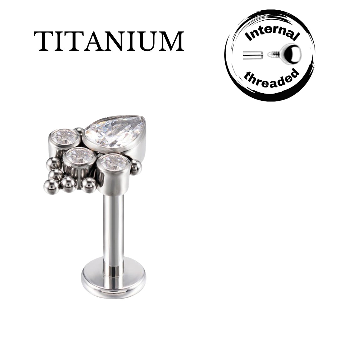 Implant Grade ASTM F136 Titanium Teardrop And 3 Round CZ Clustered Balls Internaly Threaded Labret